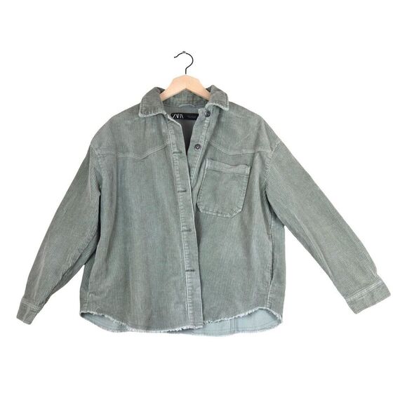 Zara Oversized Boxy Corduroy Shacket Women’s Sage Green Button-Up Shirt Jacket M - Picture 6 of 10